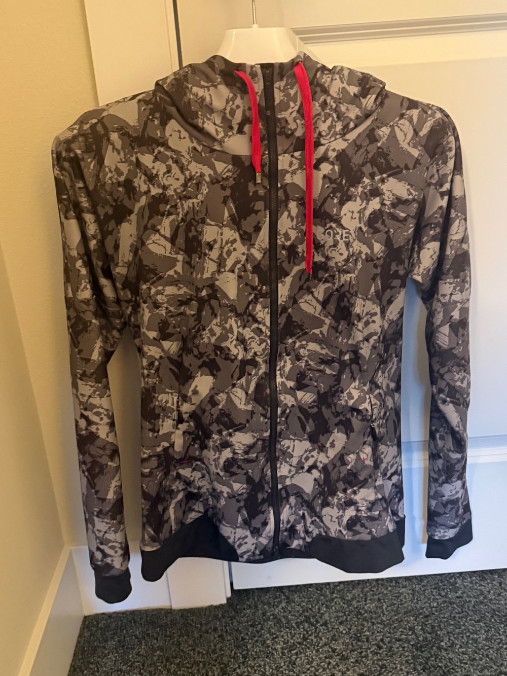 Lightweight Gray Camo Zip Hoodie Jacket with Pink Drawstrings